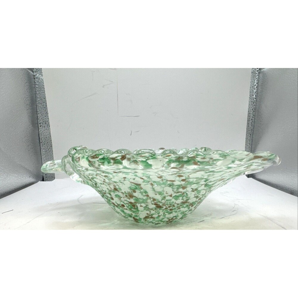 Vintage Barovier & Toso Murano Glass Bowl Ashtray Green Gold Swirl Heavy